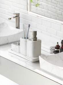 4pcs Marble Bathroom Accessories Set, Including Tumbler, Soap Dispenser, Cotton Swab Holder And Vanity Tray, Bathroom Home Decor - Multicolor - View 3