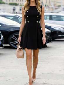 Latest Summer Sleeveless Black Casual Vacation & Commute Fashion Double-Breasted Button Decor Dress For Women, Elegant Business Style Date Dress - Black - View 5