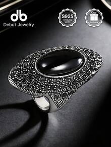 1pc S925 Sterling Silver Bohemian Mirror Polished Ring, Pave Set Black Stone Main Gemstone, Vintage Chic Design, Suitable For Daily, Commute, Party Wear, Stackable Jewelry, Great Gift For Valentine's Day, Mother's Day, Comes With Gift Box - Bohemian Style - View 3
