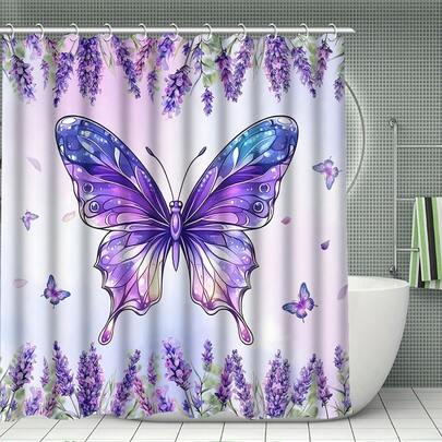 【紫色浴帘】4件套紫色薰衣草蝴蝶花卉浴帘套装，防水浴室套装，含12个挂钩、防滑地毯、马桶盖套、U型垫，乡村花卉设计 - 营造舒适放松氛围的浴室套装，春日花园浴室装饰