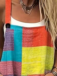 Colorful Square Patchwork All-Over Print Women's Adjustable Strap Jumpsuit, Polyester Fiber Fabric, Lightweight And Breathable, Women's Clothing, Standard Size Jumpsuit, Plus Size Women's Clothing, Plus Size Jumpsuit And Romper, Plus Size Jumpsuit - 彩色 - 查看 3