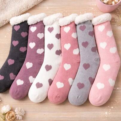 Meia de Coração Adulto Tamanho Único Lã Carneirinho Peluciada Térmica Pijama Inverno Frio