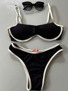 Women's Black Contrasting Underwire Bikini Set - Elegant High-Cut Bottom - Đen và trắng - Xem 2