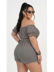 Short Romper Plus Size  Off-The-Shoulder Gringa Fashion Summer Ruched Sleeves Bow Fitted Casual Wear Shopping Holidays - Grey - View 12