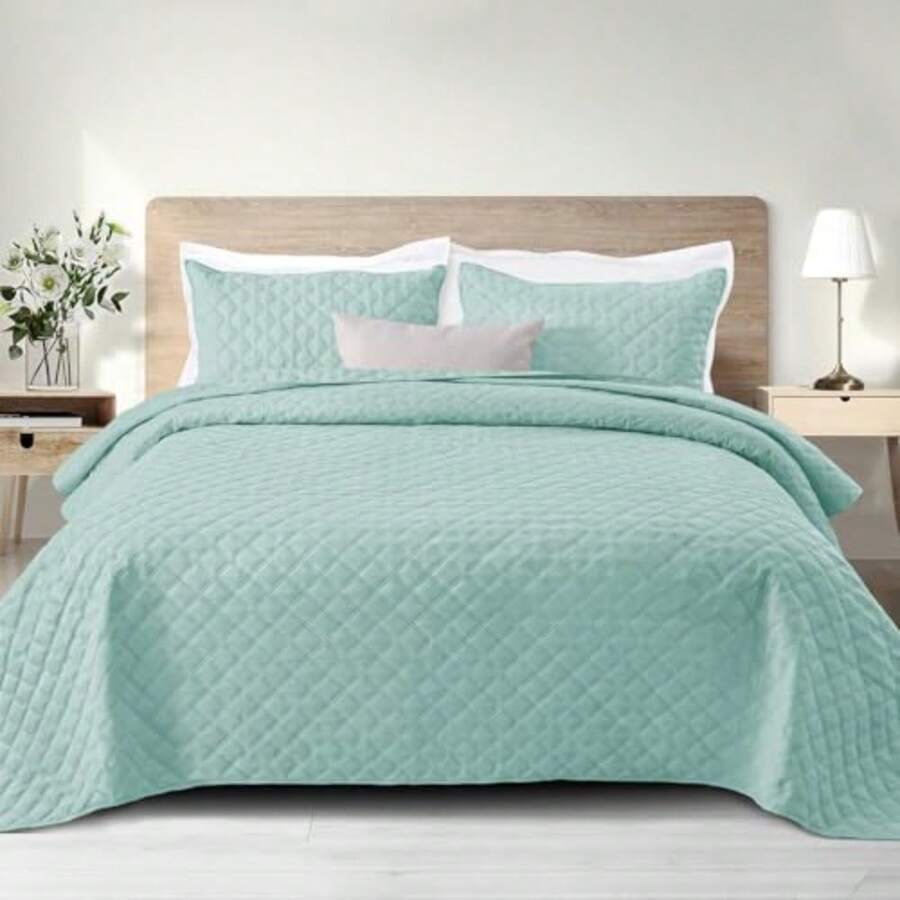 Soft Quilt Set King Size 3 Pieces Lightweight Quilts Aqua Bedspreads Coverlets Bedding Set for All Seasons Grid Pattern - Cuadrícula Aqua - Ver 1