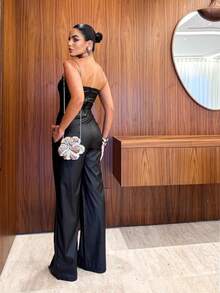 Faux Leather Wide Leg Pants And Cropped Top Set – A Powerful And Modern Look - 黑色 - 查看 2