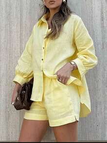 Spring And Summer - Shirt Set - Shirt + Bottoms - Linen Fabric - Light Yellow - View 1