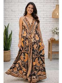 Dress, Random Print, Fabric, Backless / Bare Back, Beach - marrón con dorado - Ver 3