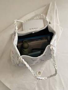 1 chiếc túi xách tay tối giản, chất liệu nylon trắng, in hình bướm và hoa, quai buộc thắt nút, kiểu dáng thường ngày, thời trang và đa năng dành cho nữ, mẫu mới mùa xuân. - trắng - Xem 2