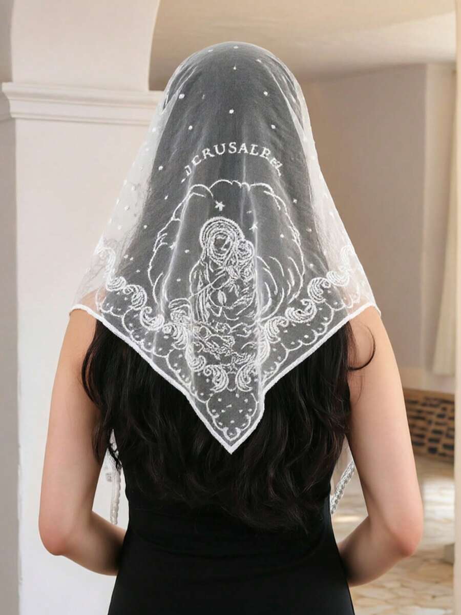1pc Women's New White Virgin Mary Embroidered Triangular Scarf, Fashionable Versatile Lightweight Shawl, Headscarf, Bridal Veil - Multicolor - View 1