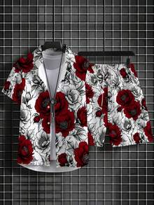 One Piece Of Men's Retro Elegant Woven Fabric, Wrinkle-Resistant And Easy To Care For, For Partner, Summer Casual Dinners, White Base With Red Flower Print Men's Lapel Shirt Plus Beach Pants Set - Nhiều màu - Xem 4