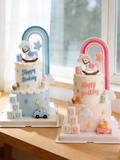 1pc Cute Pink & Blue Trojan Horse Figurine & Cake Topper - Cartoon Horse Decor Suitable For Baby Gender Reveal, Full Moon, 100th Day, 1st Birthday Party. No Play Function, Not For Children To Play With.