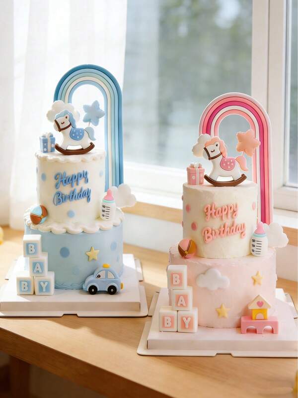 1pc Cute Pink & Blue Trojan Horse Figurine & Cake Topper - Cartoon Horse Decor Suitable For Baby Gender Reveal, Full Moon, 100th Day, 1st Birthday Party. No Play Function, Not For Children To Play With.