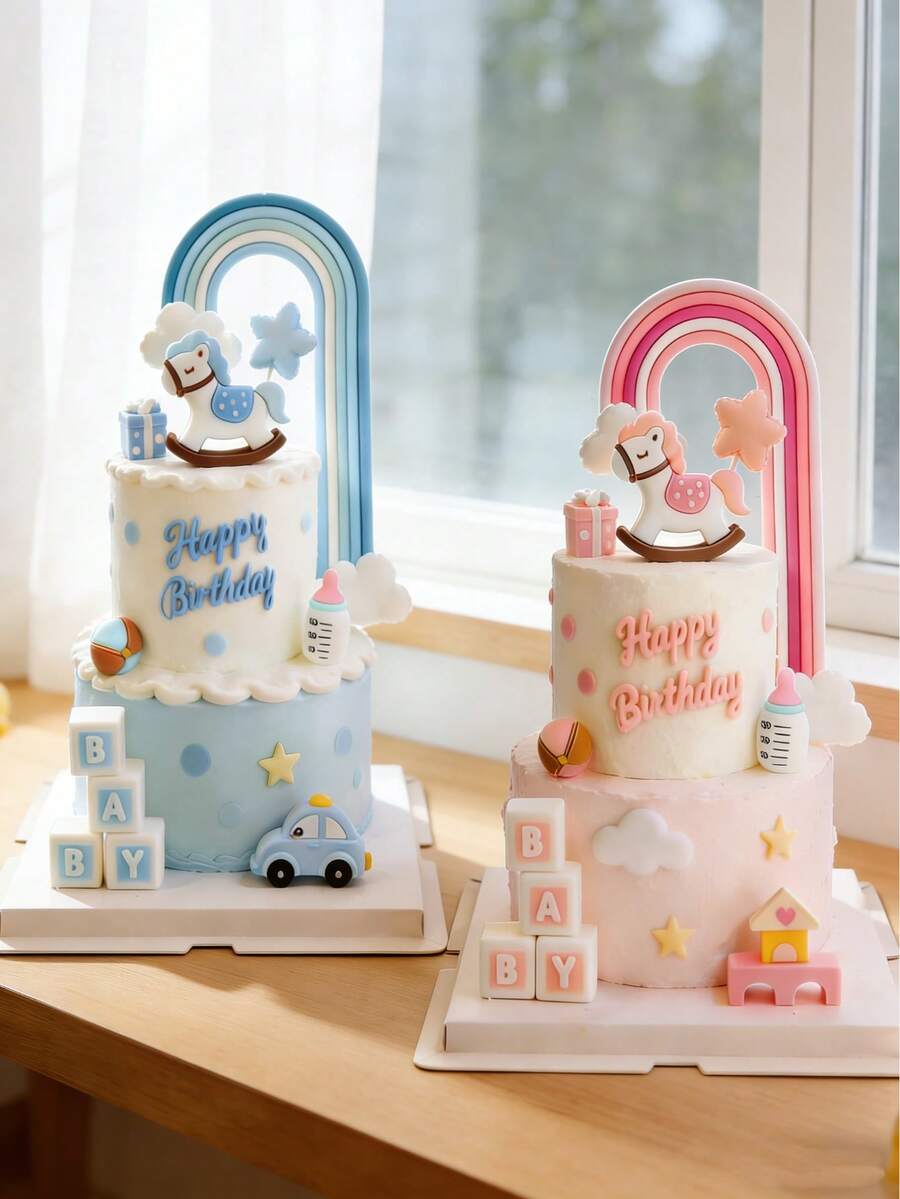 1pc Cute Pink & Blue Trojan Horse Figurine & Cake Topper - Cartoon ...