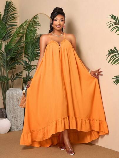 BIUBIU Vestido amarillo sin mangas con volantes en el bajo para mujer talla grande, vestido largo de tela de lino holgado para verano, amarillo mostaza