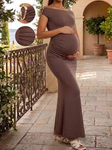 Vestido de fiesta de maternidad elegante con volantes, hombros descubiertos y detalles metálicos ajustados (YY1144) para verano - Marrón - Ver 1