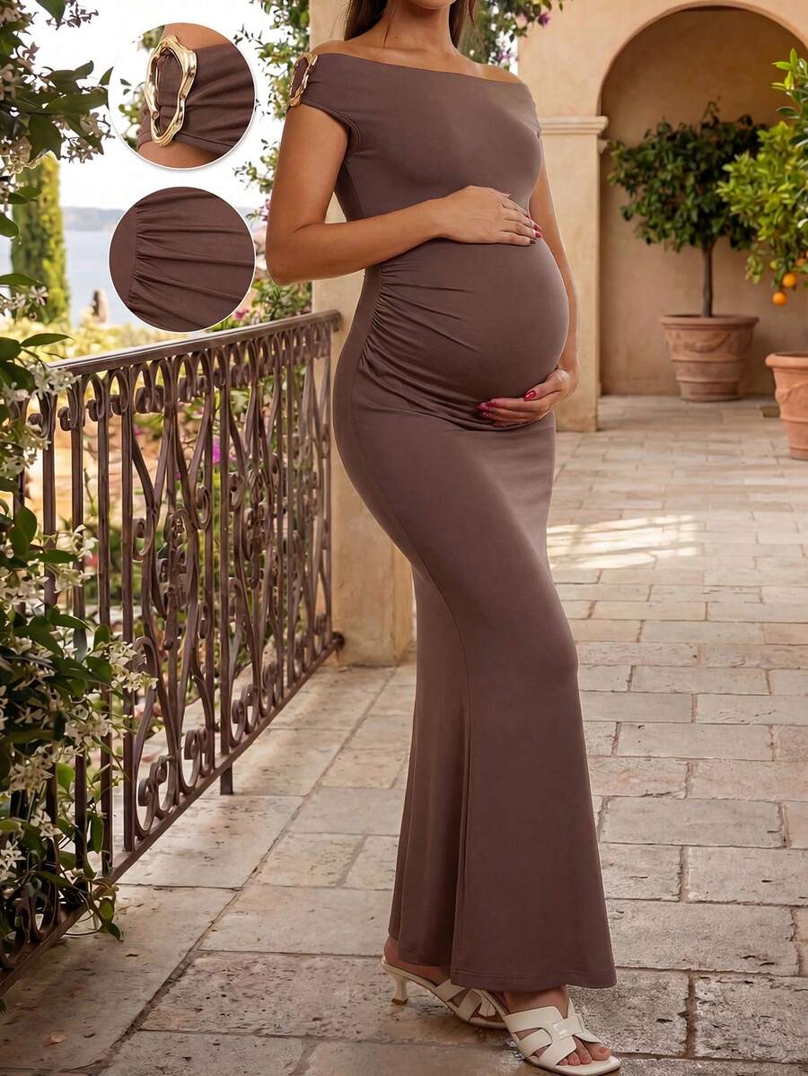 Vestido de fiesta de maternidad elegante con volantes, hombros descubiertos y detalles metálicos ajustados (YY1144) para verano - Marrón - Ver 1