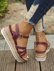 1 Pair Plus Size Women's Platform Sandals With Rivet Decor, Round Toe Thick Sole, Fashion Summer Daily Wear Vacation Style, Random Pattern, Wine Red - Burgundy - View 6