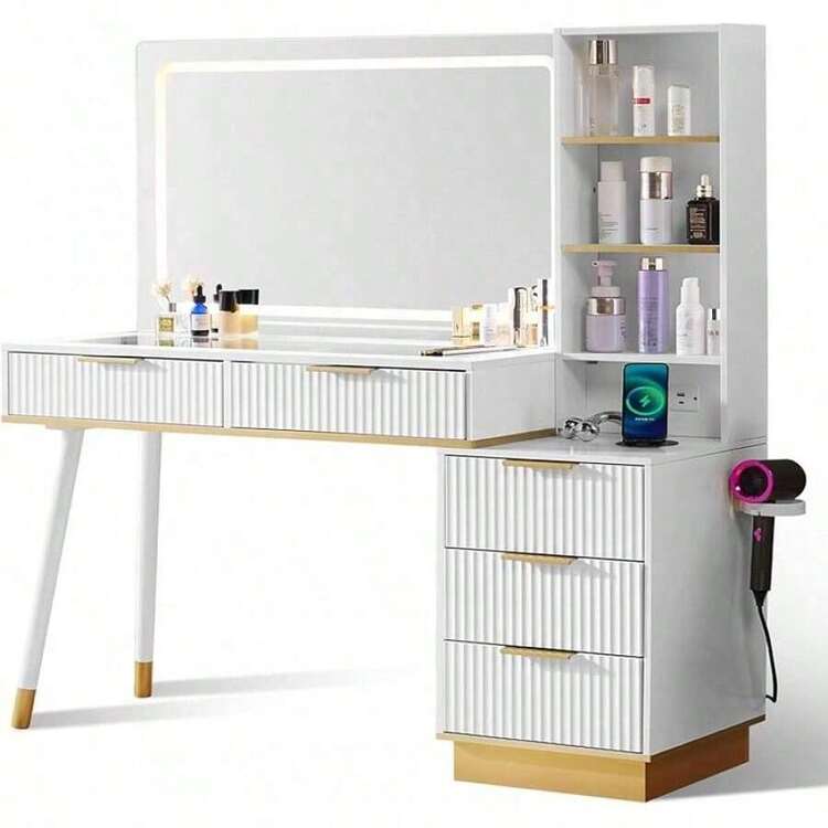 Mesa de tocador con diseño acanalado de 48 pulgadas con espejo y luces LED ajustables, mesa de maquillaje moderna con 5 cajones, 3 estantes de exhibición, superficie de vidrio y estación de carga integrada para dormitorio o vestidor, color negro. - Blanco - Añade 8