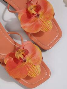 French Style Flower Decor One-Strap Flat Sandals, Suitable For Dates, Shopping, Gatherings, Parties, Commuting, Business, Summer - Coral Orange - View 6
