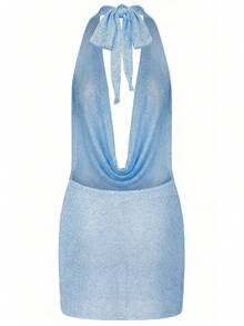 Sequin Backless Dress For Women Knit Cowl Neck Halter Mini Dress Glitter Low Back Sparkle Party Dresses - Màu xanh lam - Xem 6