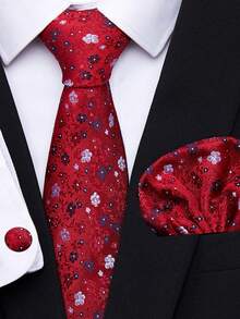 1 Set de corbata, pañuelo de bolsillo y gemelos de 3 piezas con estampado floral para hombres, adecuado para accesorios formales de novio en bodas y atuendo de negocios - colores mezclados - Ver 8