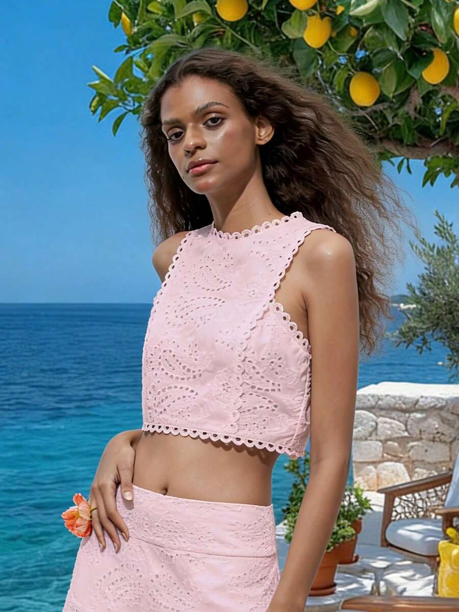 1 pieza Blusa corta sin mangas con bordado floral hueco vintage, patrón floral aleatorio - Rosa - Ver 1