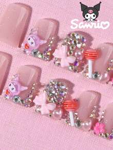 SANRIO 24片Y2K风格中长款鸭子闪粉美甲贴纸，配有可爱的3D蝴蝶结、珍珠、糖果、花朵装饰，粉嫩少女风，完美贴合假指甲，包含1瓶胶水和1个指甲锉，适合女性日常生活和派对场合。 - 彩色 - 查看 3