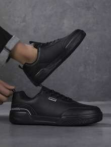 男士运动鞋、男士休闲鞋、时尚个性街头风学生帅气鞋、系带男鞋、男士滑板鞋 - 黑色 - 查看 4