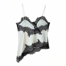 MUMRAP Áo hai dây nữ màu trơn phối ren bất đối xứng, kiểu dáng thanh lịch, rộng rãi, hở lưng, không tay, thích hợp mặc mùa hè. - Đen và trắng - Xem 5