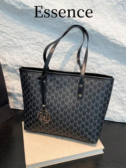 1 件白色复古花卉字母装饰金属五金 PU 手提包，大容量女士单肩包（金属吊坠左/右随机，不固定）