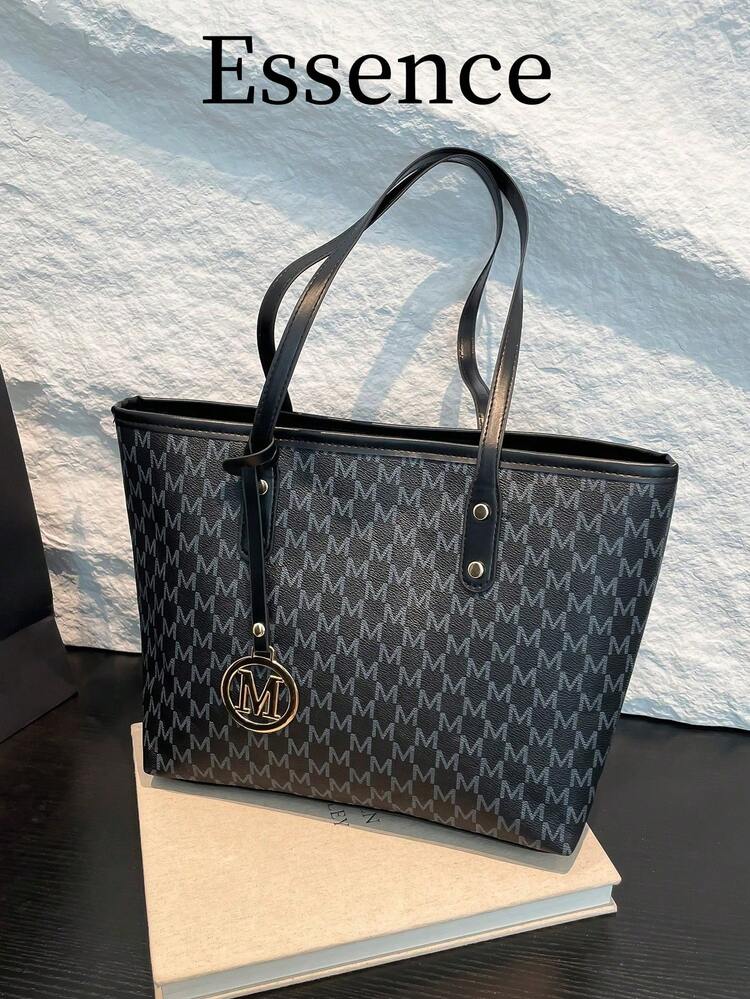 1pc White Vintage Floral Letter Decor Metal Hardware PU Tote Bag, Large Capacity Women's Shoulder Bag (Metal Pendant Left/Right Random, Not Fixed), New Fashionable Big Bags For Women , Vintage Bag , Office - Black - View 1