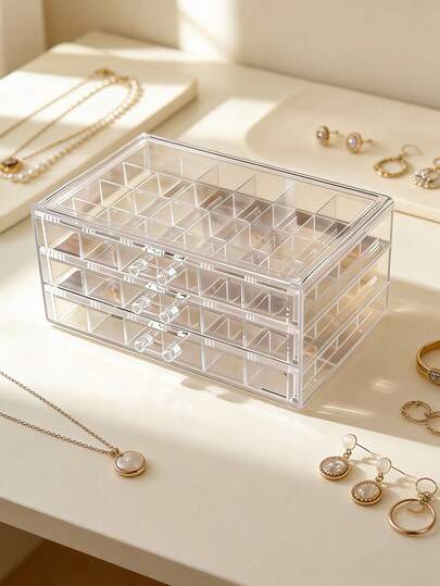 1 Piece 72 Grid 3-Layer Velvet Jewelry Box Drawer Jewelry Box Ring Box Earring Storage Box Drawer-Style Jewelry Storage Box, Three-Layer Acrylic Velvet Jewelry Box, Drawer-Style Jewelry Storage Box, Necklace Earring Ring Jewelry Storage Box, Summer Storage And Organization Gift For Women And Girls
