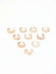 Bộ 10 chiếc nhẫn hở ngón chân hình sao và trăng, trang sức chân hình số 8 rỗng hình học có thể điều chỉnh kích thước, thích hợp cho bãi biển. - Vàng - Xem 6