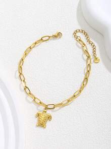 1pc Fashionable Exquisite Gold Stainless Steel Chain Small Turtle Pendant With Zirconia Coconut Tree Pendant Foot Chain Summer Style Fake Style Decorative Foot Chain Accessories - Gold - View 4