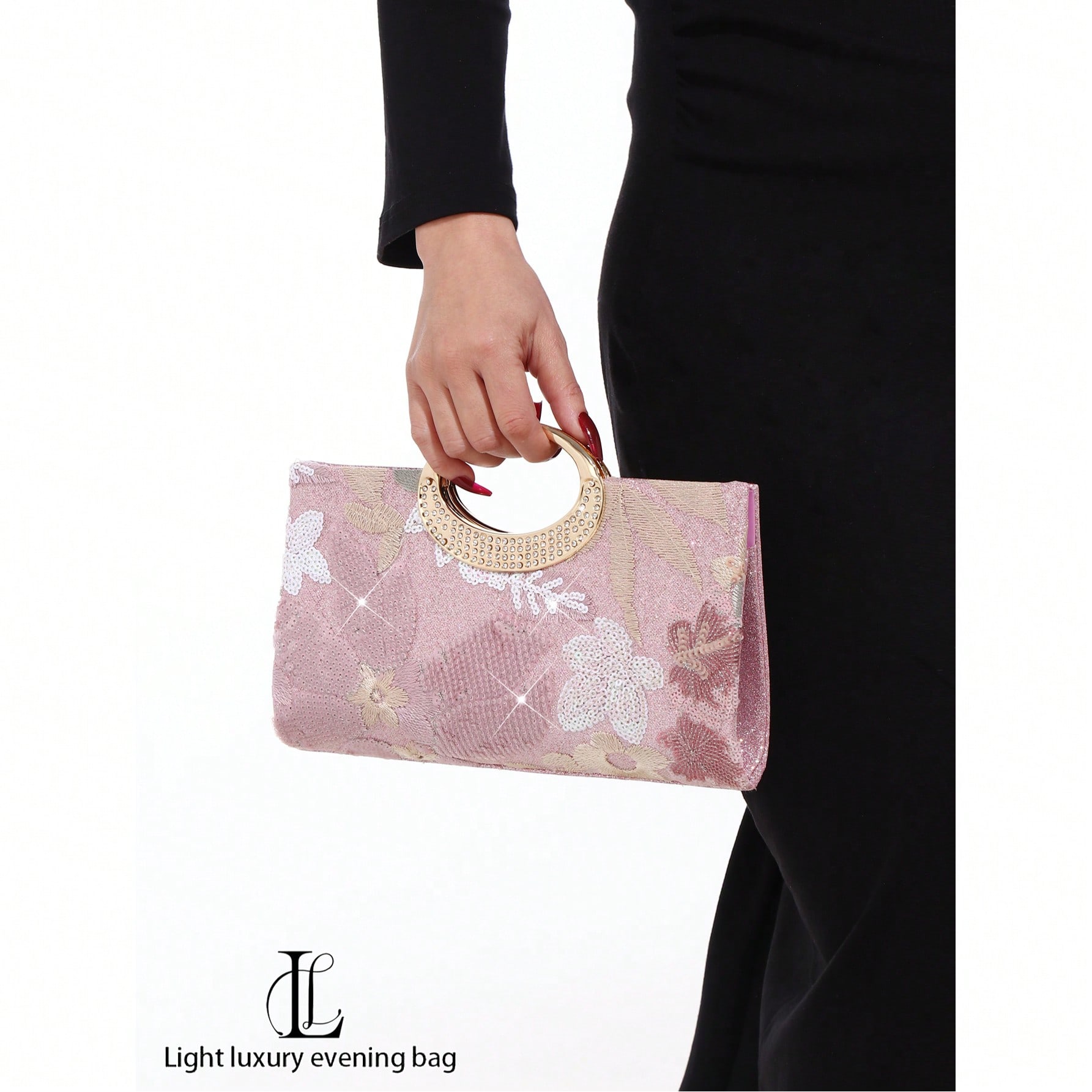 Bolso de mano de noche con lentejuelas florales de lujo para mujer, bolso de fiesta de boda con asa de círculo de cristal (patrón aleatorio)