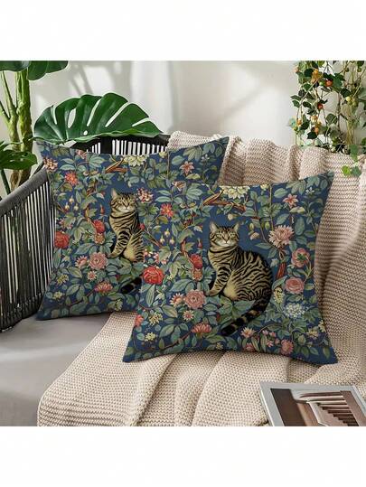2 件装威廉·莫里斯猫与植物图案印花枕套，适用于各种房间装饰，包括卧室、节日和派对装饰。（不含枕芯）- 无刺绣 - 多种尺寸可选 - 单面印花