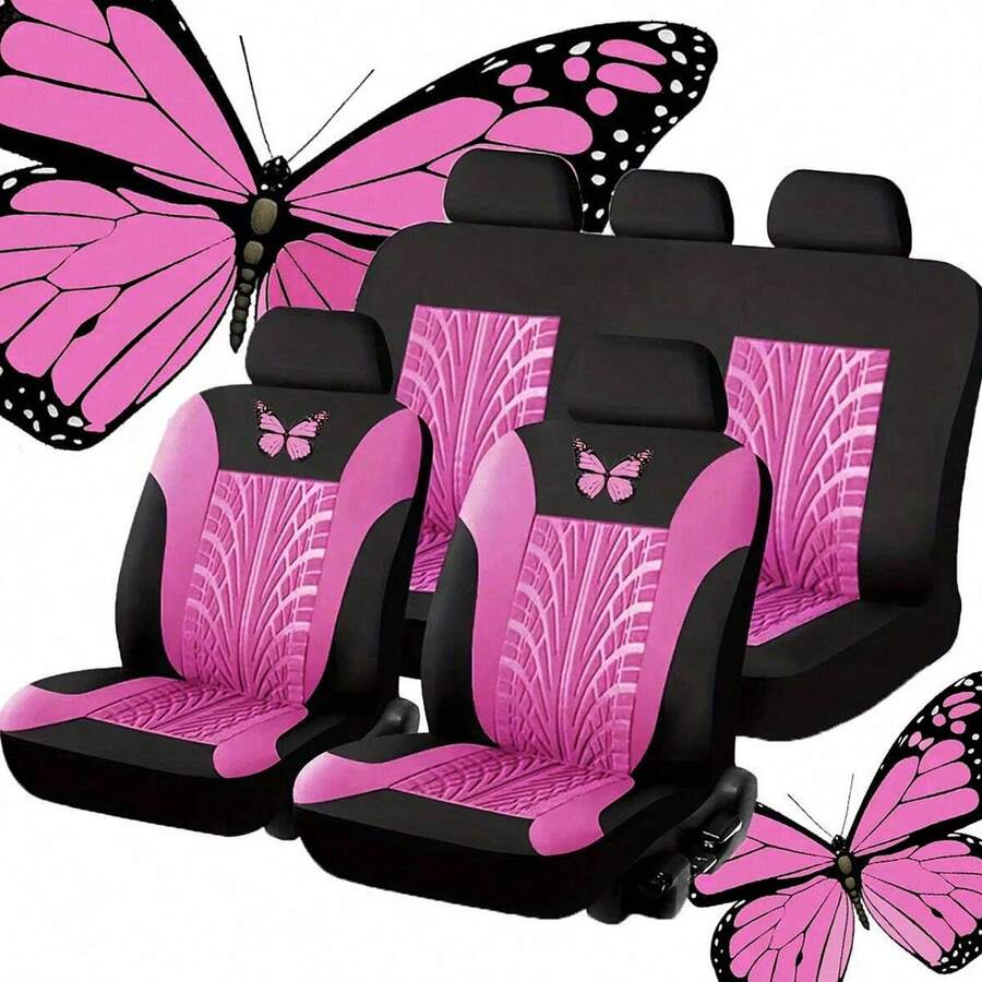 9pcs/4pcs Universal Butterfly Pattern Embroidered Car Seat Covers - Made Of Polyester Fabric, Suitable For All Seasons, Airbag Compatible, Washable By Hand (4pcs Set Includes 2 Seats, 9pcs Set Includes 5 Seats)