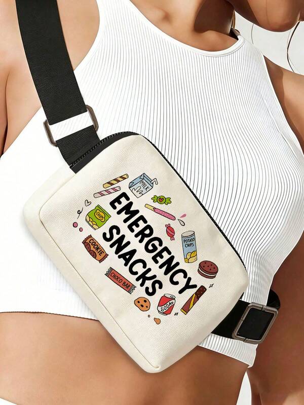 "Emergency Snacks" Letter Print Waist Bag, Portable Chest Bag, Multifunctional Crossbody Bag, Storage Bag For Snacks, Lipstick, Brushes, Skincare, Phone, Coins, Medicine, Small Items, Suitable For Travel, Camping, Running, Picnic, Hiking, Cycling, Marathon, Beach, Swimming Pool, Fitness And Other Sports, Mother's Day Gift, Travel Essentials
