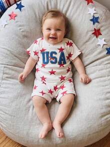 2Pcs  Toddler Baby Boy 4th Of July Outfit Toddler Boy Fourth Of July Clothes Memorial Usa American Flag Tshirt Shorts Set, Fourth Of July Baby Boy Girl Outfit, Toddler Baby Boy Girl Memorial Day Outfit - 紅色 - 查看 6