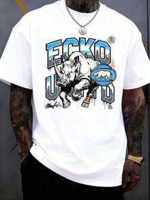 Men's 220g 100% Cotton ECKO UNLTD Iridescent Rhino Graphic T-Shirt,And Breathable Men's Sportswear, Suitable For Everyday Wear,Outings, Commuting. - 白色 - 查看 1