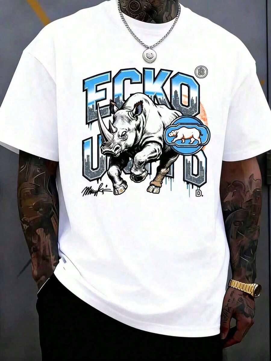 Men's 220g 100% Cotton ECKO UNLTD Iridescent Rhino Graphic T-Shirt,And Breathable Men's Sportswear, Suitable For Everyday Wear,Outings, Commuting. - 白色 - 查看 1