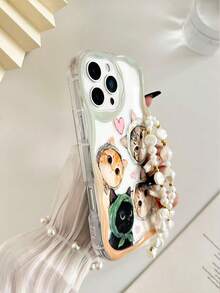 Cream Textured Wavy Edge Glossy Cat Painted Anti-Drop Phone Case With Beaded Bracelet Accessory, Compatible With IPhone 17pro/17Air /17/17promax16/11/16pro/16plus/16promax/16e/15Promax/13/14/12/XS/XR/7G/8P, Galaxy 11/12Pro/12/12X/13Pro/14Pro/15Pro/, 10/9/Note9/12c/Note11pro/Note8Pro - Multicolor - View 4