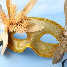 金色蝴蝶麦穗图案闪光化妆舞会面具，新娘派对半脸面具 - 金色 - 查看 5