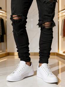 Men's Stylish Black Skinny Jeans Extreme Ripped Frayed & Ruched Ankle For Street Outfits Streetwear Casual Wear With Stretch Breathable Jeans - 黑色 - 查看 2
