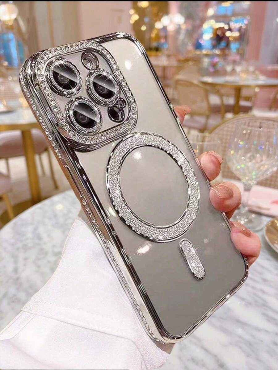1PC Silver 2026 Advanced Shiny Rhinestone Phone Case, Compatible With IPhone 17 Apple Air 17e 16 15 14 13 12 11 Pro Max Plus, Magnetic Clear Lens Protection