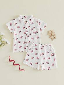 Toddler Boy 4th Of July Outfit Infant Baby Independence Day Patriotic Clothes Flag Print Short Sleeve Button Up T Shirt And Linen Shorts Set - 白色 - 查看 4