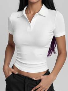 女款四季運動 Polo 衫，休閒修身長袖上衣，翻領 V 領，無鈕扣白色 - 白色 - 查看 3