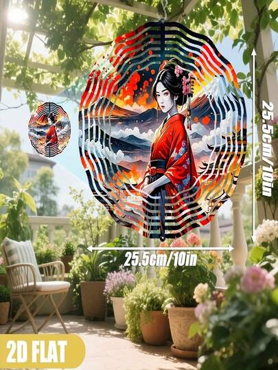 10 x 10 pouces Carillon à vent en métal à rotation 360° avec paysage de geisha japonaise et flamme, sans pile, décoration de jardin intérieur/extérieur, convient pour la cour, le balcon et la terrasse, design artisanal traditionnel, crochet de suspension plat 2D pour les amateurs d'extérieur