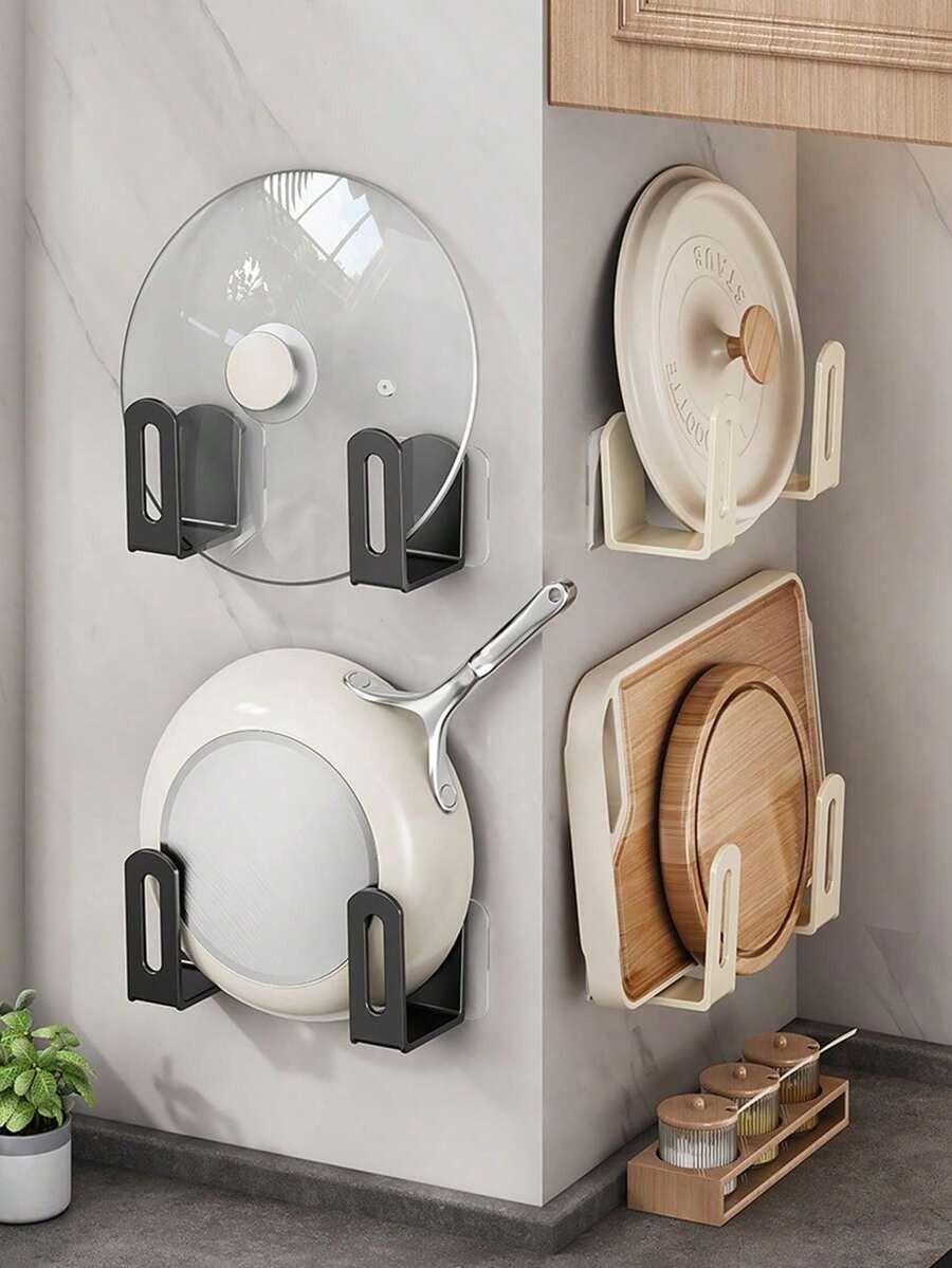 2pcs Plastic Pot Lid Rack, Wall-Mounted Pot Lid Holder Without Drilling, For Storing Pot Lids, Cutting Boards, Frying Pans And Other Kitchen Supplies - Multicolor - View 1